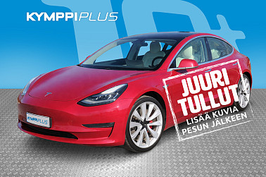 Tesla Model 3 Performance Dual Motor AWD ** ACC / Lasikatto / Kamera ** - Valkoinen sisusta / Suomi-auto / SoH 92,2 %!