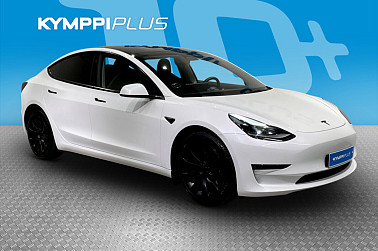 Tesla Model 3 Long Range ** EAP / Vetokoukku / Lämpöpumppu / Lasikatto ** - Sähköluukku / Musta nahkaverhoilu / Helmiäisvalkoinen